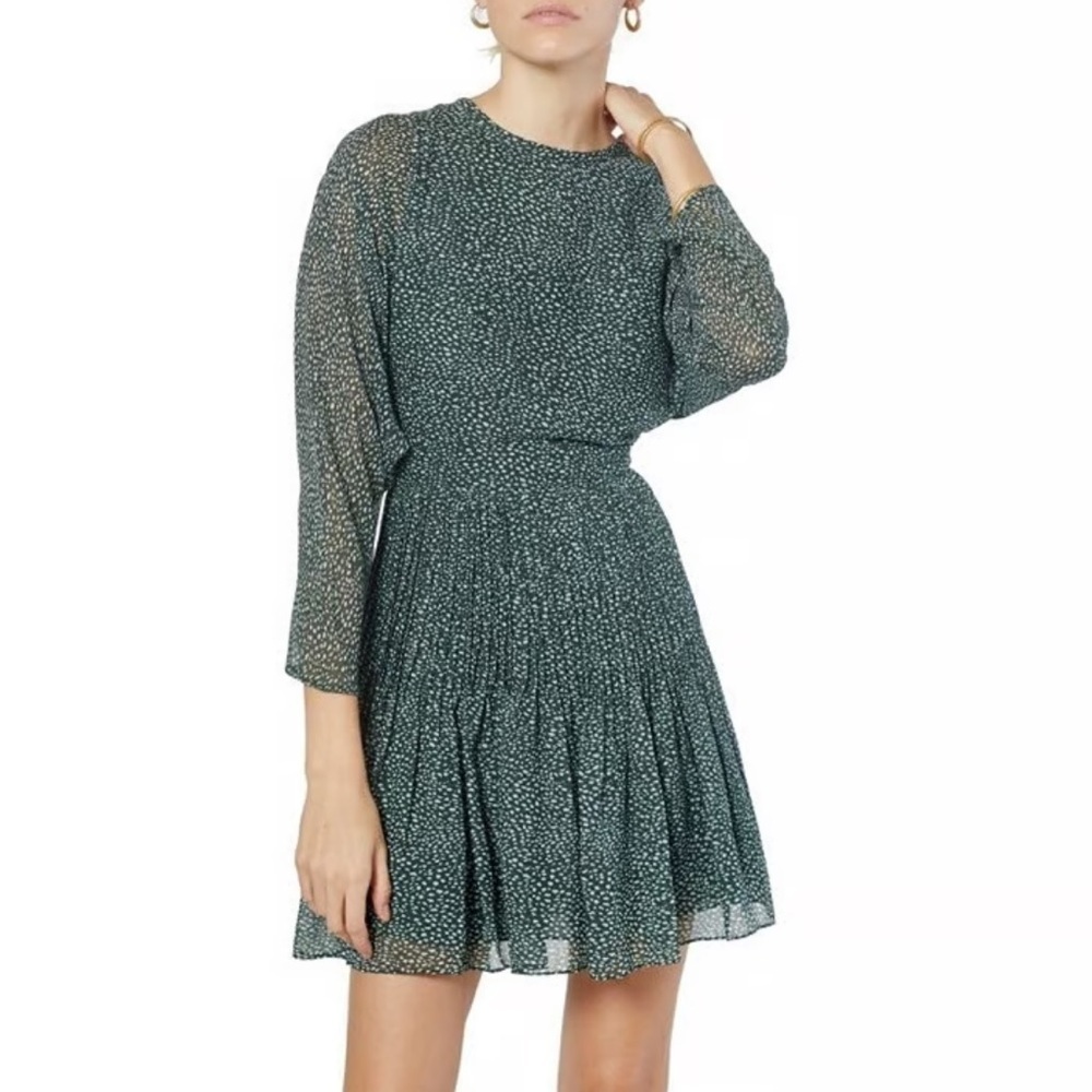Joie Garonne Batwing-Sleeve Printed Silk Dress Green Spotted Animal Print Size 4